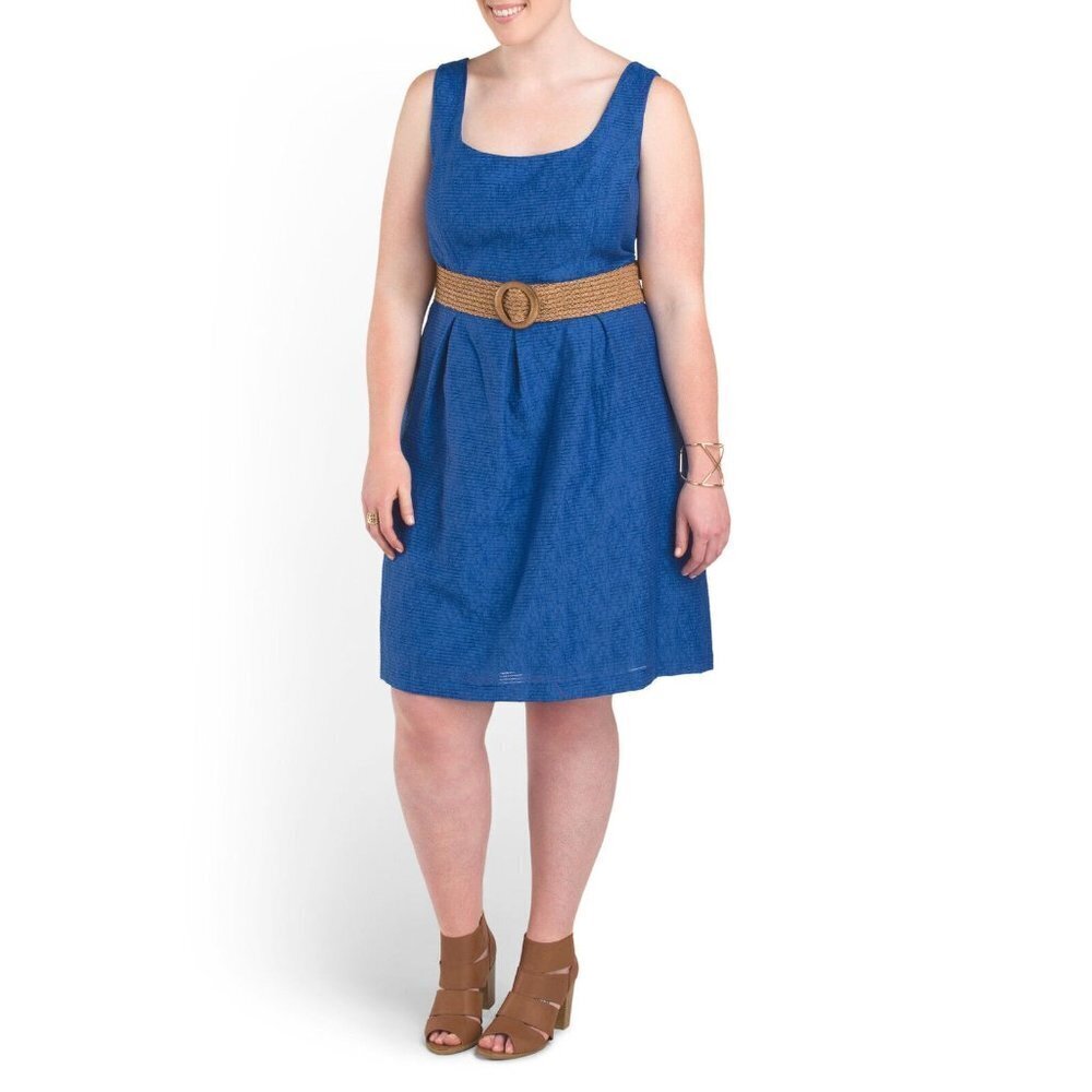 NWT Nine West Danub Blue Pleat Waist Linear Burnout Belted Dress 20W $109